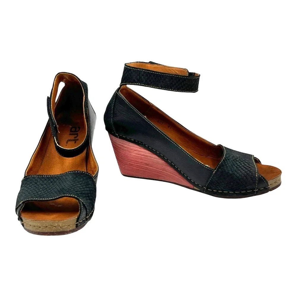 Art Company Black Leather Pink Wedge Ankle Strap Sandals Peep Toe EU 41 Chunky